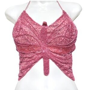 Misdemeanor Mauve Beaded Butterfly Halter Top Size L Y2K NWT Festival Fairycore